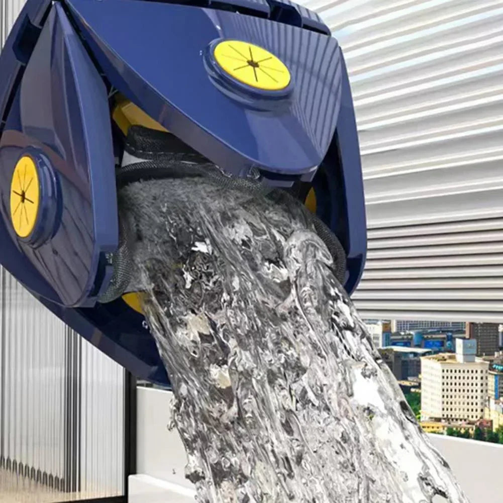 Blue water purifier dispensing clean filtered water with yellow accents, modern city view background