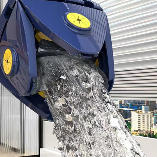 Blue water purifier dispensing clean filtered water with yellow accents, modern city view background