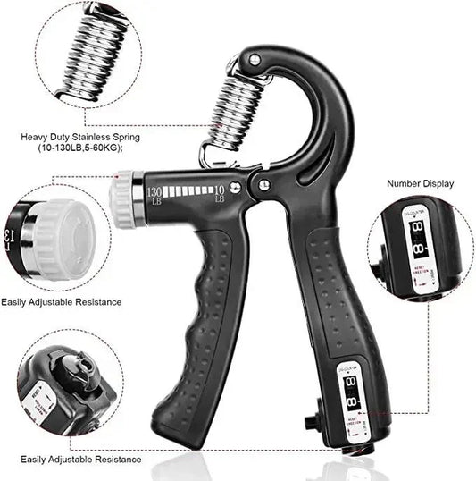 Adjustable hand gripper with digital counter, heavy-duty spring, and ergonomic grip for forearm strength training