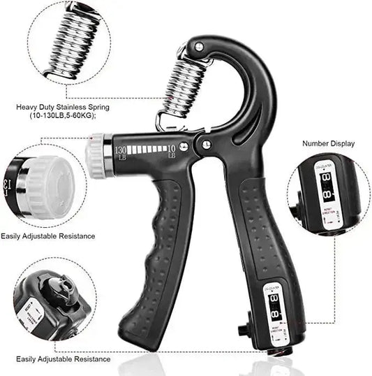Adjustable hand gripper with digital counter, heavy-duty spring, and ergonomic grip for forearm strength training