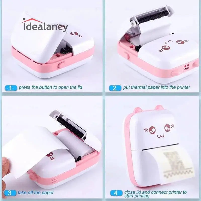 Cute pink portable thermal printer with step-by-step setup guide for easy use