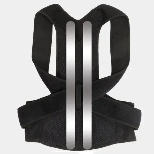 Black posture corrector with adjustable straps and back support for improved alignment
