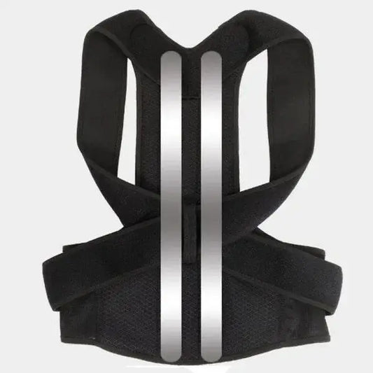 Black posture corrector with adjustable straps and back support for improved alignment