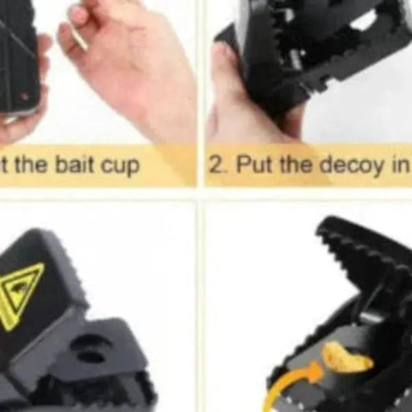 Step-by-step setup guide for a black plastic mousetrap with bait cup and decoy