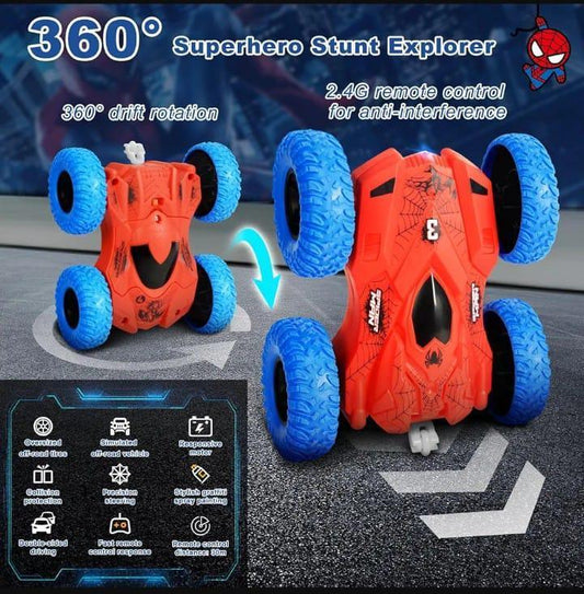 Spider-Man themed 360° stunt RC car with blue tires, drift rotation, and 2.4G remote control for kids