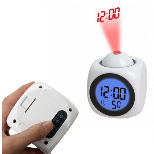 Digital alarm clock with red projection, blue LED display, and remote control for bedroom use