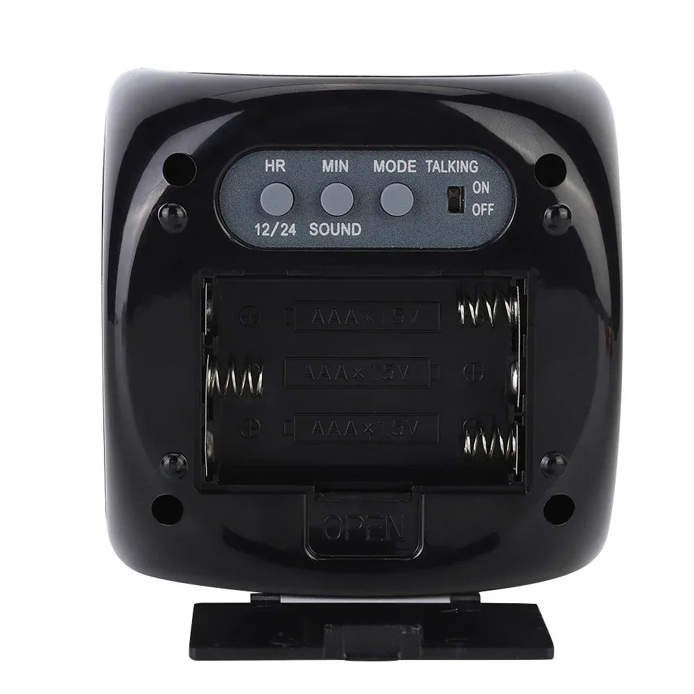 Black talking alarm clock back with AAA battery compartment and mode buttons for HR MIN SOUND
