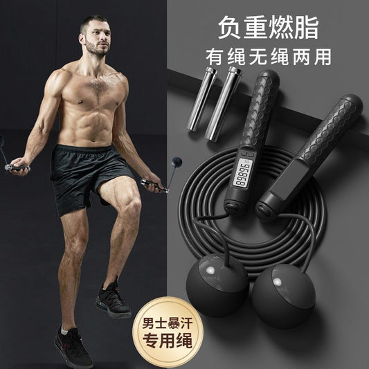 Man using weighted jump rope with digital counter, ideal for cardio workouts and fat burning