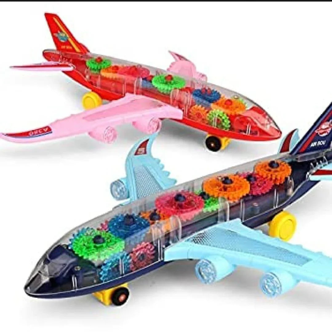 Colorful gear-filled airplane toys with transparent bodies and moving parts for kids' STEM learning