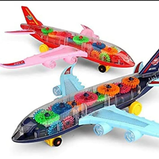 Colorful gear-filled airplane toys with transparent bodies and moving parts for kids' STEM learning