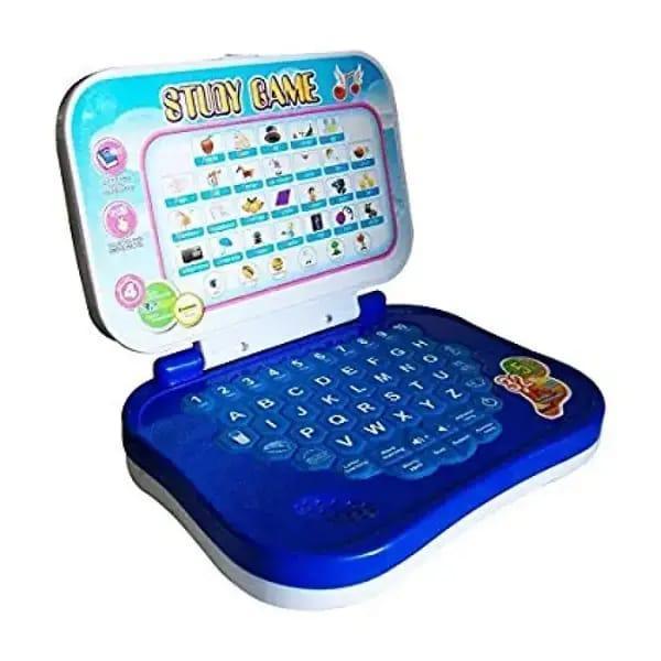 Blue kids educational laptop with Study Game screen, ABC keyboard, and colorful learning icons for early childhood development