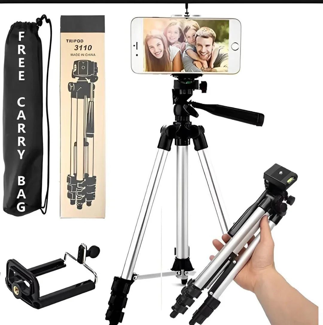 Portable aluminum tripod with phone mount, free carry bag, ideal for vlogging and family photos