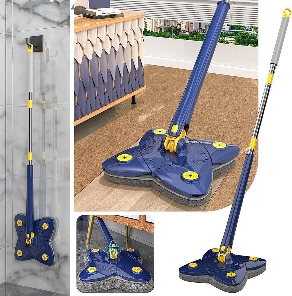 Blue 360° rotating floor mop with yellow accents, ideal for hardwood, tile, and carpet cleaning