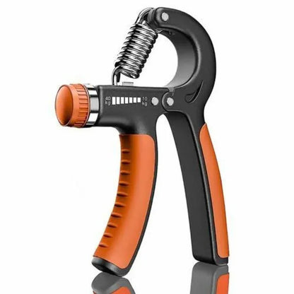 Adjustable hand grip strengthener with orange and black ergonomic handles, spring resistance, 10-40kg range