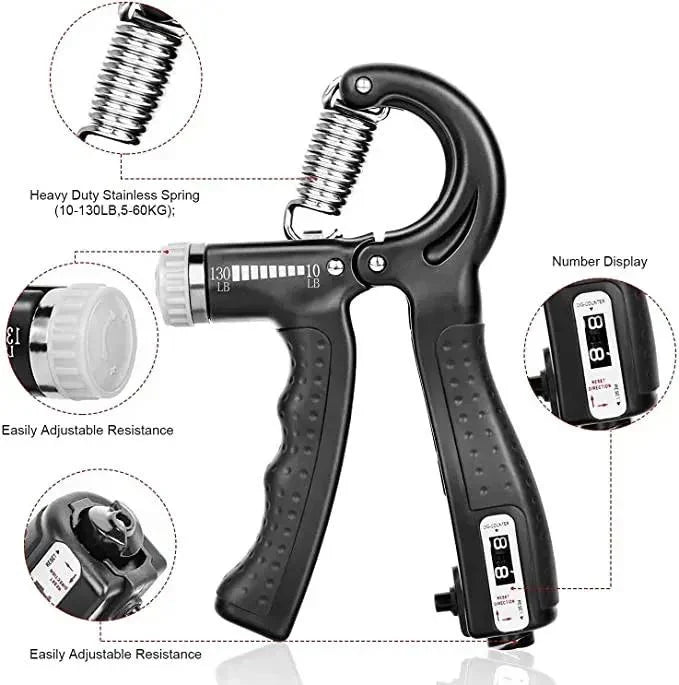 Adjustable hand gripper with digital counter, heavy-duty spring, and ergonomic grip for forearm strength training