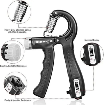 Adjustable hand gripper with digital counter, heavy-duty spring, and ergonomic grip for forearm strength training