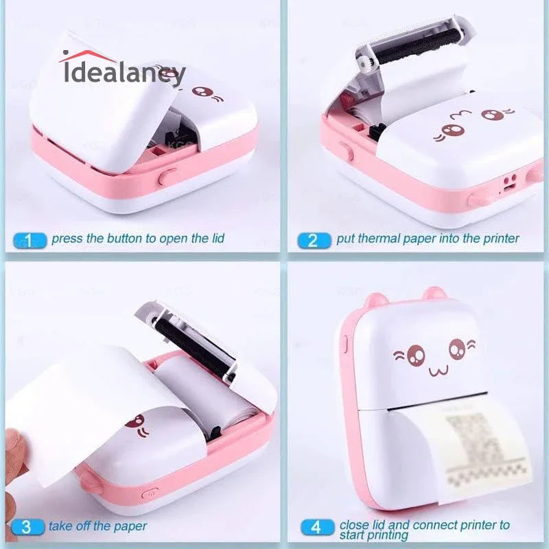 Cute pink portable thermal printer with step-by-step setup guide for easy use
