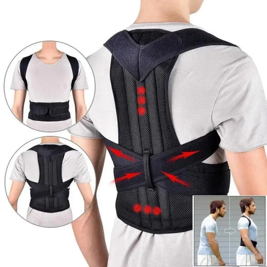 Posture corrector brace with adjustable straps and breathable mesh for back support and alignment