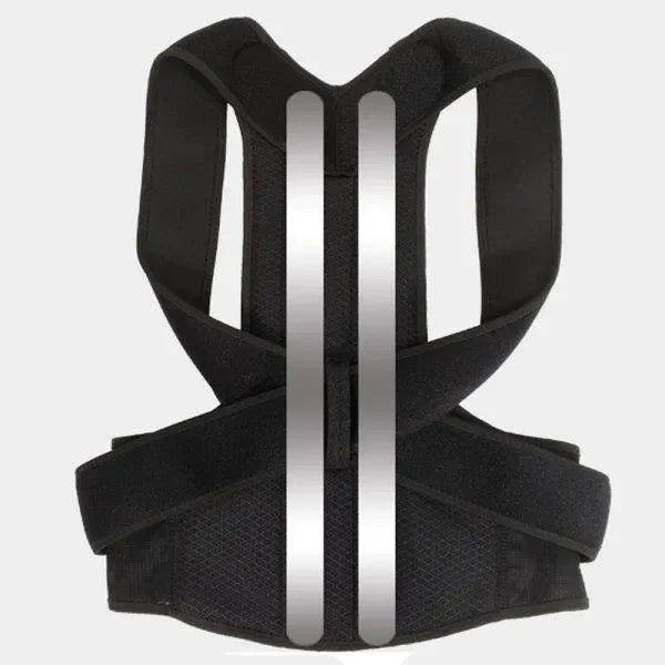 Black posture corrector with adjustable straps and back support for improved alignment