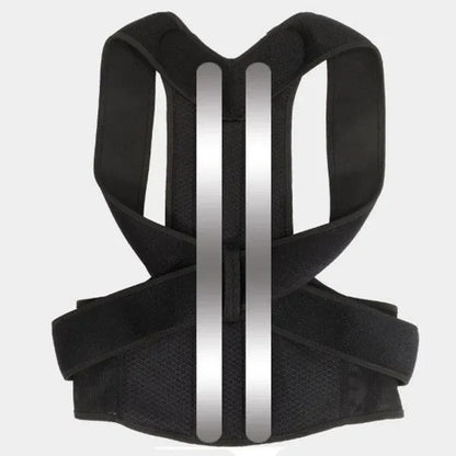 Black posture corrector with adjustable straps and back support for improved alignment