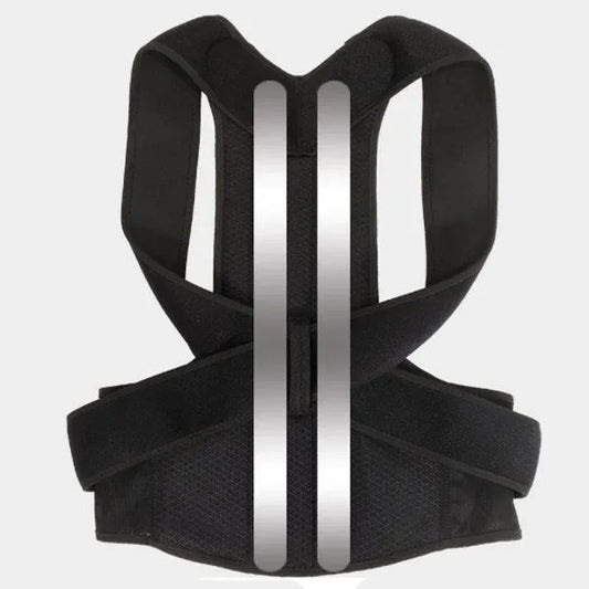 Black posture corrector with adjustable straps and back support for improved alignment