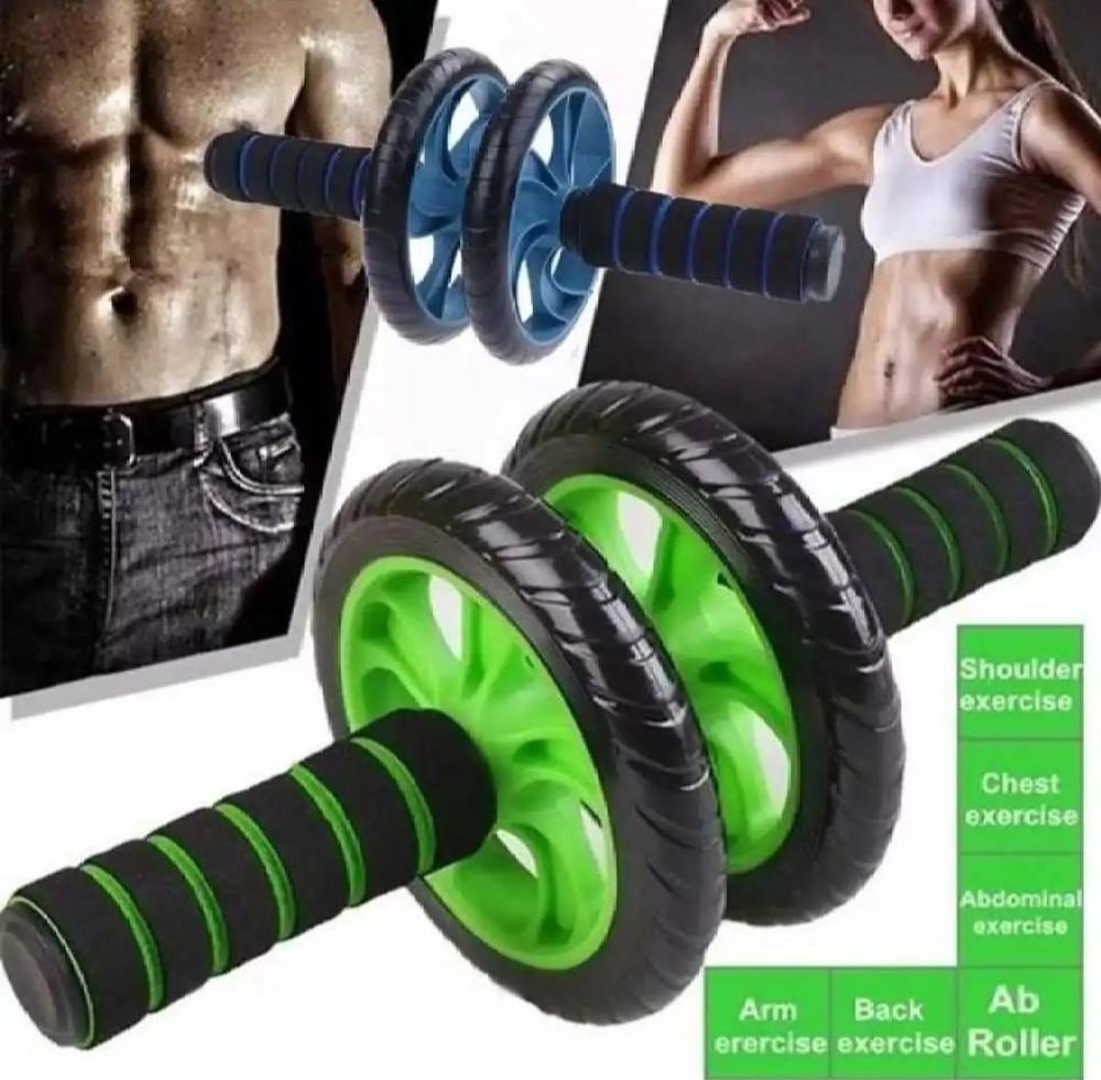 Green and blue ab roller wheel for core, arm, chest, and shoulder exercises