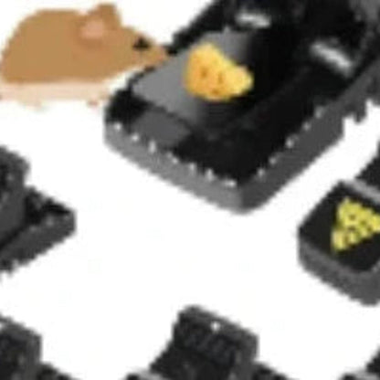 Black mouse traps with cheese bait, featuring caution labels and spring mechanism for rodent control.
