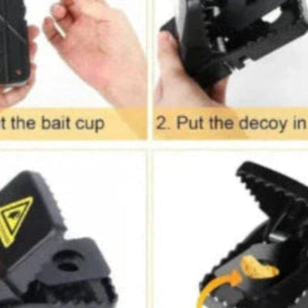 Step-by-step setup guide for a black plastic mousetrap with bait cup and decoy