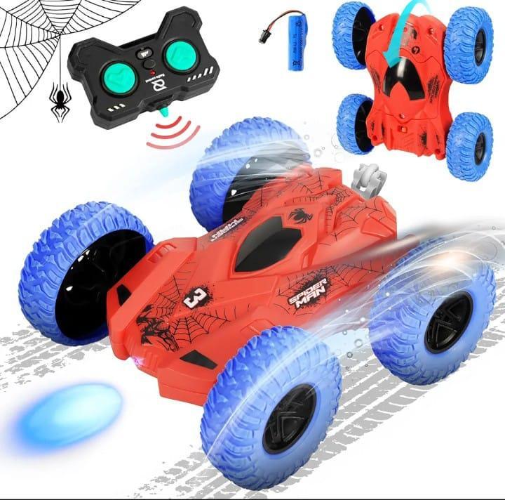 Spider-Man themed RC car with blue glowing wheels, remote control, and battery, perfect for kids' outdoor play