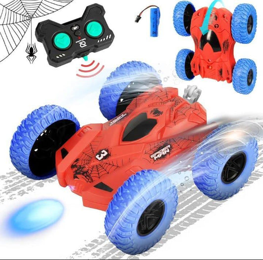 Spider-Man themed RC car with blue glowing wheels, remote control, and battery, perfect for kids' outdoor play