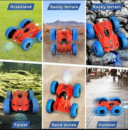 Red remote control car with blue tires on grass, sand, rocks, forest, dunes, and outdoor terrain