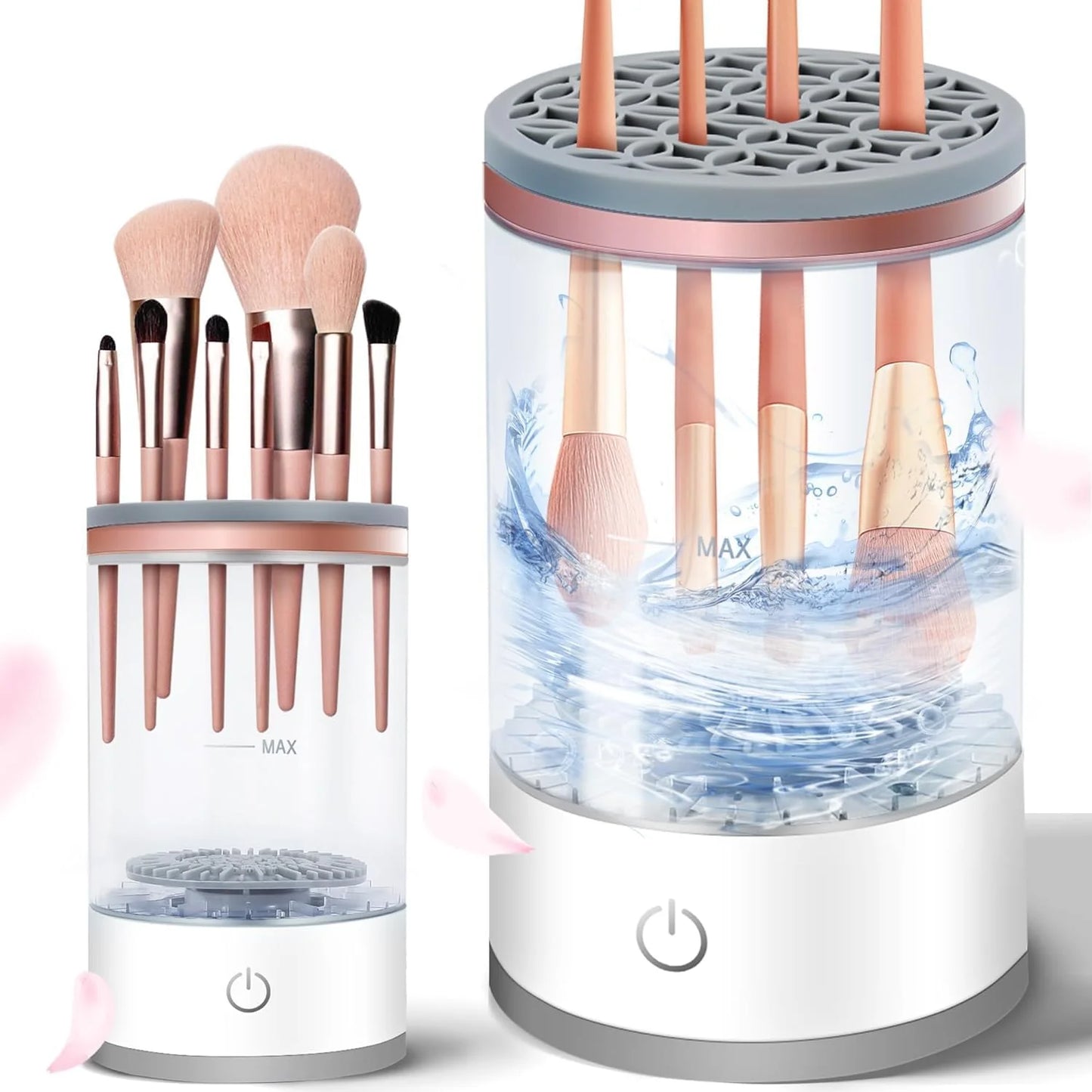 Electric makeup brush cleaner with spinning base and water wash, ideal for quick cosmetic tool sanitation