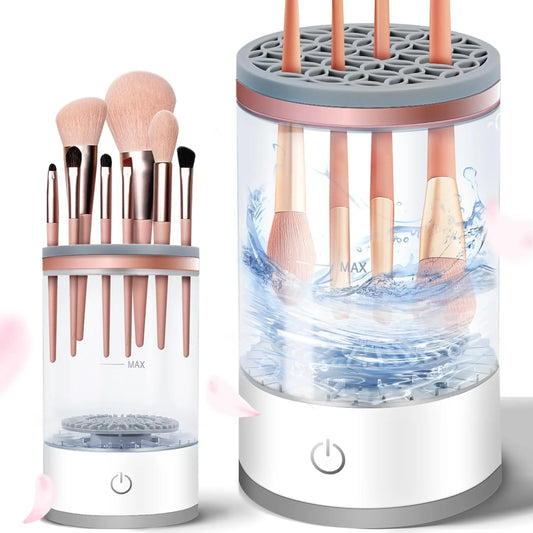 Electric makeup brush cleaner with spinning base and water wash, ideal for quick cosmetic tool sanitation