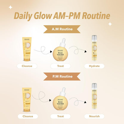 Daily Glow AM-PM skincare routine with rice water face wash, serum, day cream, and night cream for radiant skin
