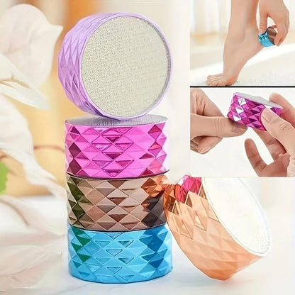 Colorful diamond-textured foot files for gentle callus removal, shown in use and stacked display