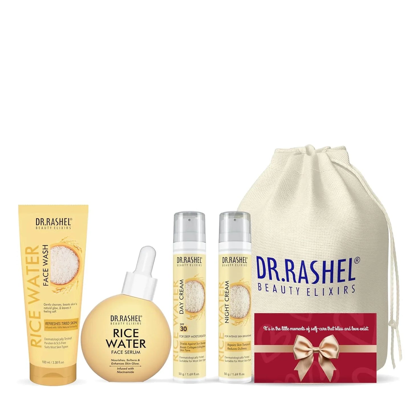 Dr. Rashel Rice Water skincare set with face wash, serum, day & night creams, and gift bag for glowing skin care routine
