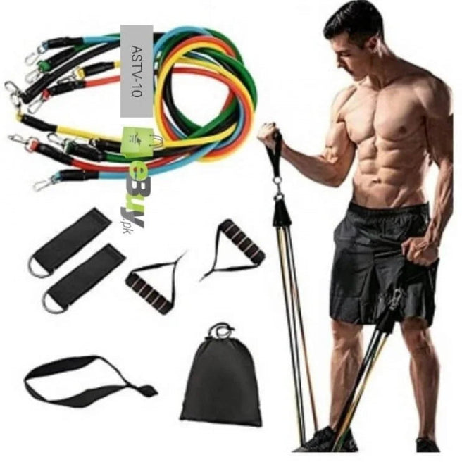 Man using resistance bands with handles, door anchor, and carry bag for home workouts