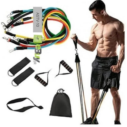 Man using resistance bands with handles, door anchor, and carry bag for home workouts