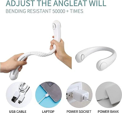 Flexible USB neck fan with bendable design, charges via laptop, power bank, or socket