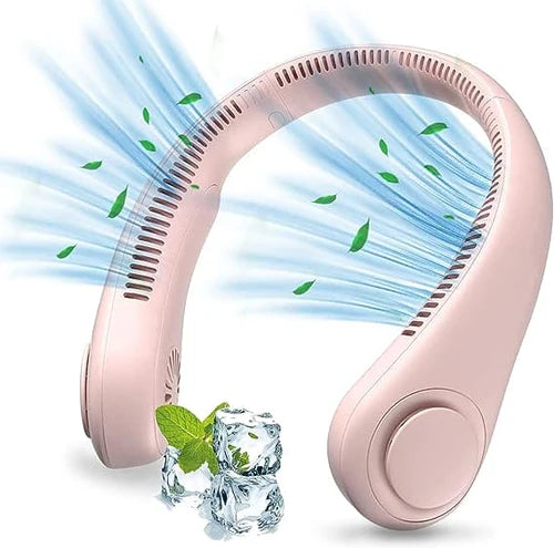 Pink portable neck fan with cooling mist, ice cubes, and mint leaves for summer relief