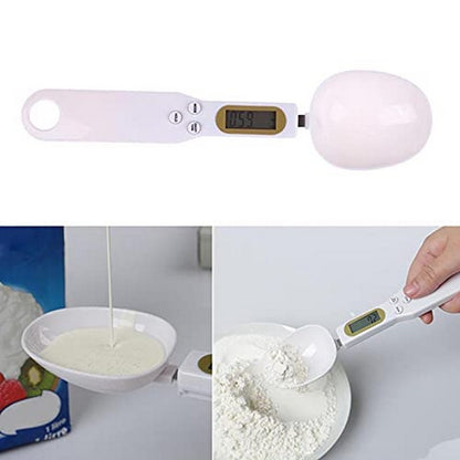 Digital kitchen spoon scale measuring flour and liquid ingredients for precise cooking and baking