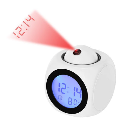 White digital alarm clock with red projection, displaying time and temperature on LED screen