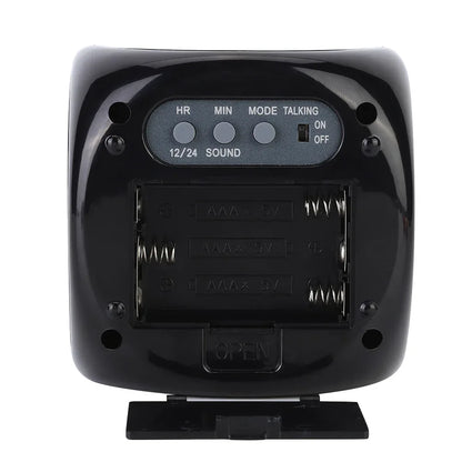 Black talking alarm clock back with AAA battery compartment and mode buttons for HR MIN SOUND